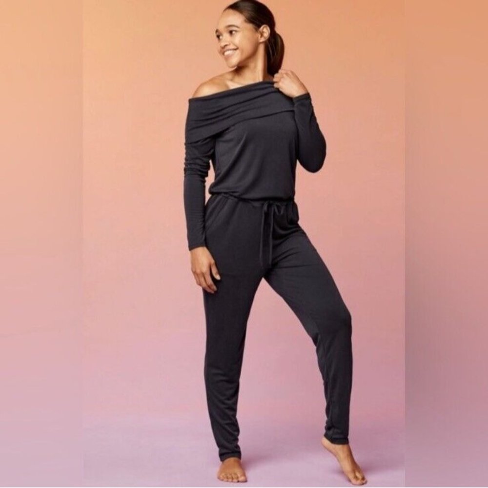 Fabletics Black Tess Off Shoulder Jumpsuit Long Sleeves Pants Women's Size XS